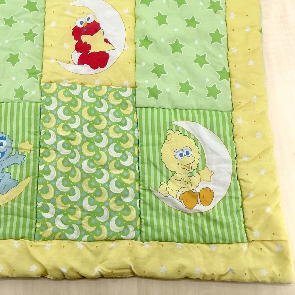 Vintage 90s Sesame Street Baby Quilt Toddler Green Yellow Elmo Big Bird 32
